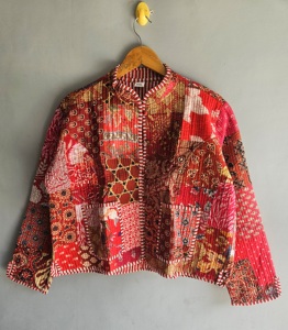 Vintage Patchwork <b>Quilted</b> Jacket Mandarin Collar Cotton Bamboo Fiber Unisex Autumn Loose Fit <b>Single</b> Button Red Patterned Design - Product Image 1