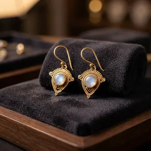 Pendientes de latón con piedra lunar arcoíris blanca natural - Product Image 1