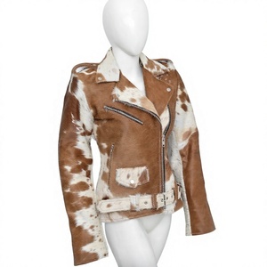 Chaqueta de Motociclista de Cuero Genuino para Mujer, con Pelo de Vaca, Color Marrón y Blanco, con Cierre, Impermeable, Tejida, para Invierno y Primavera - Product Image 4