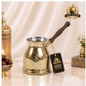 Brass Engraved Turkish Coffee Pot Cezve Ibrik Stovetop Greek Arabic Coffee <b>Maker</b> Carved Wooden Handle Milk Warmer Pot - Product Image 3