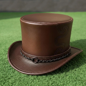 Premium quality custom made Handmade Brown Leather Top <b>Hat</b> Embossed Chain <b>Band</b> Gothic Steampunk Cosplay - Product Image 1