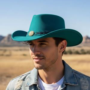 หมวกคาวบอยหนังแท้สีเขียวอมฟ้า ทำมือ สไตล์เวสเทิร์น สตีมพังก์ สำหรับงานเทศกาล ขายส่ง ราคาไม่แพง - Product Image 5