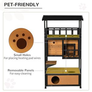 Maison pour chat en bois d'extérieur avec plateforme de saut jaune, abri pour chats errants, condo pour chatons, portes d'évasion et toit en asphalte - Product Image 6