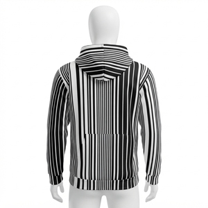 Sweat-shirt à capuche rayé noir et blanc pour homme avec imprimé graphique et poche kangourou, style streetwear décontracté - Product Image 4