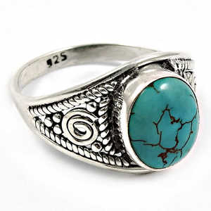 แหวนวินเทจคุณภาพสูง ดีไซน์โดดเด่น ประดับด้วยพลอยเทอร์ควอยซ์ทรงรี แหวนโบโฮทำมือสำหรับผู้ชายและผู้หญิง - Product Image 1