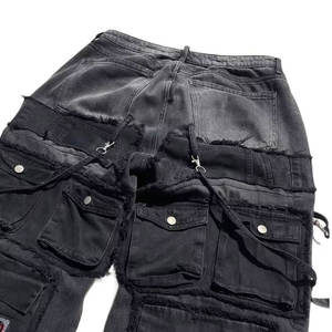 กางเกงยีนส์ขาบานขาดๆ สำหรับผู้ชาย พิมพ์โลโก้ตามสั่ง สีพื้น สไตล์สตรีท กางเกงฮิปฮอปทรงหลวมพร้อมโลโก้ที่เอว - Product Image 3