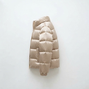 Unisex Beige Varsity <b>Jacket</b> Stand Collar Zipper Closure Windproof Casual Winter Eco-friendly Cotton Filled Regular Fit 100 - Product Image 3
