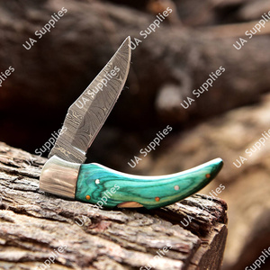 Cuchillo de bolsillo plegable de acero de Damasco hecho a mano, mango de madera Pakka, hoja de punta caída, cuchillo de supervivencia, ODM OEM, personalizable, con funda de cuero - Product Image 4