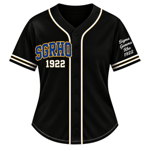 Camiseta de béisbol personalizada SGRHO para mujer, estilo hermandad griega Sigma Gamma Rho, con botones, deportiva, informal, estilo urbano, venta al por mayor. - Product Image 1