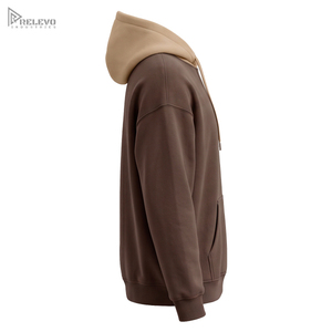 Sweat-shirt à capuche unisexe en molleton 100% coton épais, marron kaki bicolore, avec poche kangourou - Product Image 3