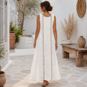 Robe longue bohème ivoire pour femme, col rond, sans manches, unie, tissée, légère et fluide, tenue décontractée pour l'été, la plage, les vacances et les stations balnéaires - Product Image 4