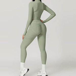 Wholesale Made Custom 3 Piece Crop Top <b>Set</b> Seamless Sportswear Outfit With Long Sleeve Jacket Bra And Leggings - Product Image 5
