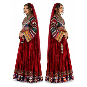Vestido Afgano Kuchi Hecho a Mano, Étnico, Tribal, Tradicional, con Encaje Bordado, Transpirable, Teñido Liso, de Cachemira y Chifón - Product Image 4