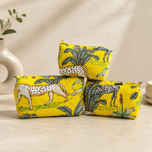 Handmade Yellow Leopard Print 3-Piece Quilted Durable Zipper Closure Cotton Cosmetic <b>Pouch</b> Set Makeup Bags Women <b>Travel</b> for - Product Image 5
