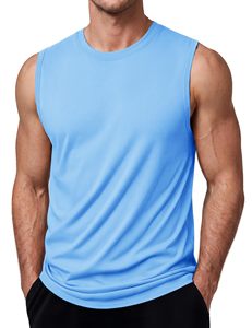 Camiseta sin mangas azul sólido para hombre, tejido elástico en 4 direcciones, cuello redondo, chaleco informal, material de spandex y poliéster - Product Image 1