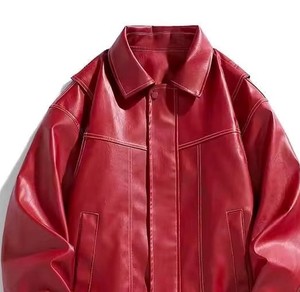 Chaqueta de Cuero PU Roja para Hombre, Estilo Casual, Cuello Camisero, Botón Único, Corte Regular, Color Sólido, para Otoño - Product Image 3