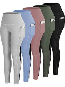 Leggings de Yoga de Cintura Alta con Bolsillos para Mujer, Control de Abdomen, Largo Completo, Spandex/Poliéster 220g, Logotipo en la Pierna Izquierda, Costura en Contraste - Product Image 1
