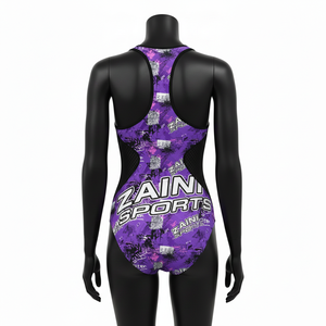 ชุดว่ายน้ำผู้หญิงคุณภาพสูง โพลีสแปนเด็กซ์ สีม่วงดำ ระบายอากาศได้ดี พร้อมแผงตาข่าย พิมพ์โลโก้ตามสั่ง สำหรับชุดว่ายน้ำผู้หญิง - Product Image 2