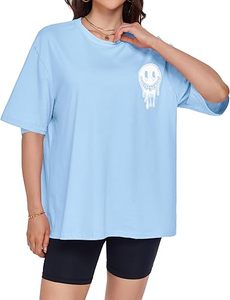 T-shirt ample à manches courtes bleu clair pour femme avec imprimé Smiley, col rond, coupe décontractée, haut d'été 100 % coton pour femme - Product Image 4
