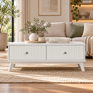 Modern White Wooden <b>Coffee</b> <b>Table</b> With 2 Drawers Fluted Front Design For Living Room Furniture OEM ODM Custom Manufacturer - Product Image 1