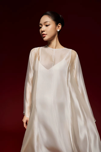 Summer OEM Service Buttons Side Slit Breathable Casual Loose Waist Minimalist Regular Sleeve Silk Crew Neck Voile Midi Dresses - Product Image 3