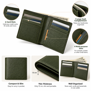 Olive Green Genuine <b>Leather</b> Vintage Luxury <b>Men's</b> Short <b>Wallet</b> Compact <b>Bifold</b> Coin Purse Card Holder for Daily Use - Product Image 5