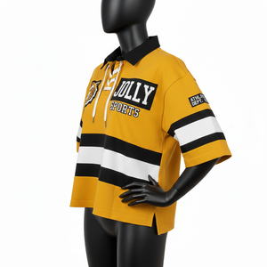 Maillot de rugby pour femme en coton lourd et polyester, double tricot, jaune et noir, avec empiècements rayés et logo personnalisé - Product Image 4