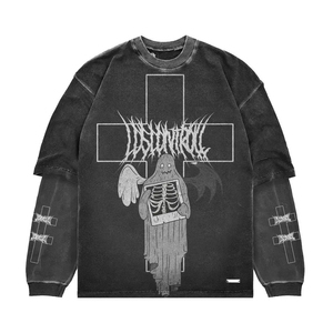 เสื้อยืดโอเวอร์ไซส์ผู้ชาย แขนสองชั้น พิมพ์ลายหัวกะโหลก เนื้อผ้าเจอร์ซีย์ คุณภาพพรีเมียม หนานุ่ม สไตล์สตรีทแวร์ - Product Image 3