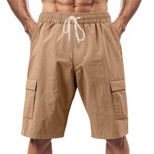 Men's 100% Cotton Canvas Knitted Breathable Mid Waist Cargo Shorts Casual <b>Elastic</b> Lightweight Solid - Product Image 3