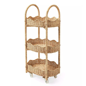 Natural Rattan Rolling Storage Cart With 3 Tiers <b>Woven</b> <b>Basket</b> Organizer For Kids Room Home Decor Multi Purpose Shelf With Wheels - Product Image 4
