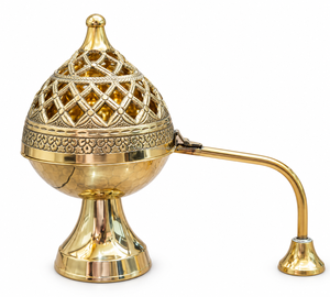 เตาเผากำยานทองเหลืองราคาส่ง พร้อมฝาปิดลายฉลุและด้ามจับยาว - Product Image 2