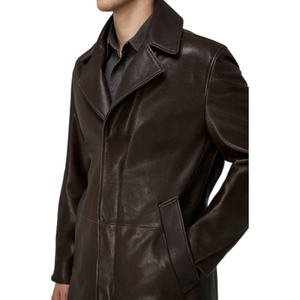 Classic Men's Brown Cowhide Leather One Whole Leather Thick <b>Waterproof</b> Quick Dry Regular Crew Neck Long Jacket Coat - Product Image 3