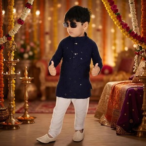Ensemble Kurta Pyjama Sherwani Bleu pour Garçon, Tenue Traditionnelle Indienne Ethnique en Coton Extensible pour Enfants, Idéal pour Mariages et Fêtes - Product Image 6