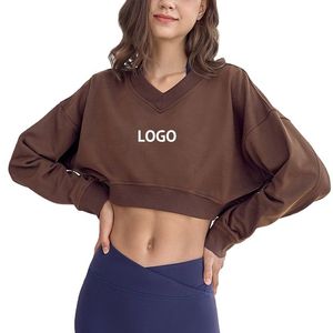 Sweat-shirt court marron pour femme, col en V, manches longues, épaules tombantes, en coton tricoté, décontracté, pour l'automne, avec logo lettre sur le devant - Product Image 5