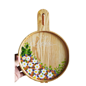Plateau rond en bois peint à la main avec poignée, design fleur de lotus en bois naturel, plateau de service décoratif, décoration d'intérieur, cadeau, vente en gros - Product Image 3