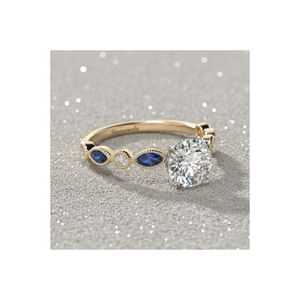 Anillo de Compromiso con Diamante Redondo Cultivado en Laboratorio Stonewels, Zafiro Azul Marquesa, Chapado en Oro Vintage, Engaste de Garras, Certificado para Novia - Product Image 1