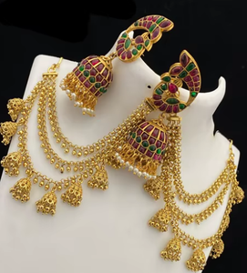 ชุดต่างหู Jhumka เคลือบผิวด้านคุณภาพระดับพรีเมียมชุดที่มีหินโฆษณาเหมาะสำหรับงานแต่งงานของผู้หญิง - Product Image 2