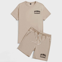 Conjunto de Camiseta y Pantalones Cortos para Hombre, Color Beige, con Estampado de Los Ángeles, California, Cuello Redondo, Casual, Verano, Transpirable, Algodón, Tejido