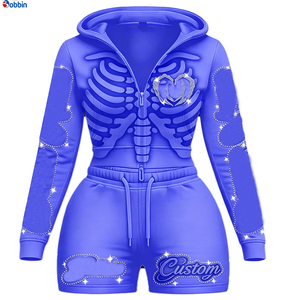 Top Trending Hot Selling Women's Blue Skeleton Hoodie Shorts Set <b>Rhinestone</b> Decor Y2K Style Spring Summer Sportswear 2 Piece Set - Product Image 5