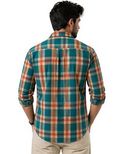Camisa casual a cuadros azul verdoso y naranja personalizada para hombre, corte ajustado, manga larga, con botones, de algodón, elegante, de calidad premium. - Product Image 2