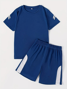Men Summer Quick Dry Sports Jersey and Running Shorts <b>Set</b> Gradient Color Breathable Front Logo Crew Neck Polyester Team Wear - Product Image 5