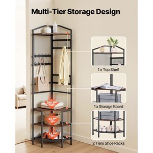 "<b>Freestanding</b> Corner Hall Tree with 71.3 In. Steel Frame <b>Bar</b> Coat Rack Hooks Top Shelf Storage Organizer" - Product Image 4