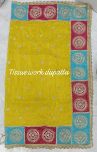 Elegante Dupatta de Seda Metálica Premium con Bordado Tradicional Zari, Borde de Encaje Intrincado y Borlas Colgantes - Product Image 3
