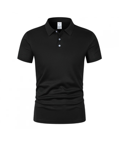 Men's Blue Short Sleeve Shirt Solid Color Breathable Cotton Jersey Anti-Wrinkle Quick Dry Button Golf Style Logo Print Front - Product Image 3