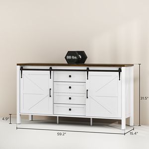 Credenza Rustica Artigianale con Piano Spesso, 2 Ante Scorrevoli, 4 Cassetti, 2 Ripiani Regolabili, Bianca, per Sala da Pranzo - Product Image 3