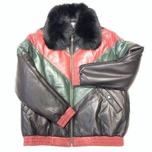 Men's <b>Black</b> <b>Red</b> White Color Blocking Leather Bomber <b>Jacket</b> with Fur Collar Zipper Closure Winter Warm Moto Style Leather <b>Jacket</b> - Product Image 4