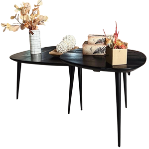 Ensemble de deux tables basses style industriel en métal et bois avec plateau en bois de manguier noir et base pliante en fer pour salon - Product Image 2