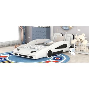 Letto a piattaforma a forma di auto da corsa bianco, singolo, con ruote, per camerette dei bambini - Product Image 5