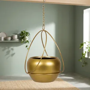 Maceta Colgante de Metal Dorado con Marco Curvo Decorativo y Cadena |   Macetero Redondo Moderno para Jardín Interior - Product Image 6