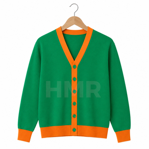 เสื้อคาร์ดิแกนถักคอวีสีเขียวสำหรับผู้หญิง HMR พร้อมขอบสีส้มตัดกัน แขนยาว สวมใส่สบาย - Product Image 5